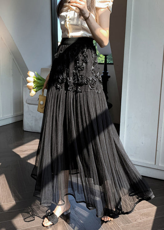 Black Wrinkled Patchwork Tulle Skirt High Waist Spring RV013