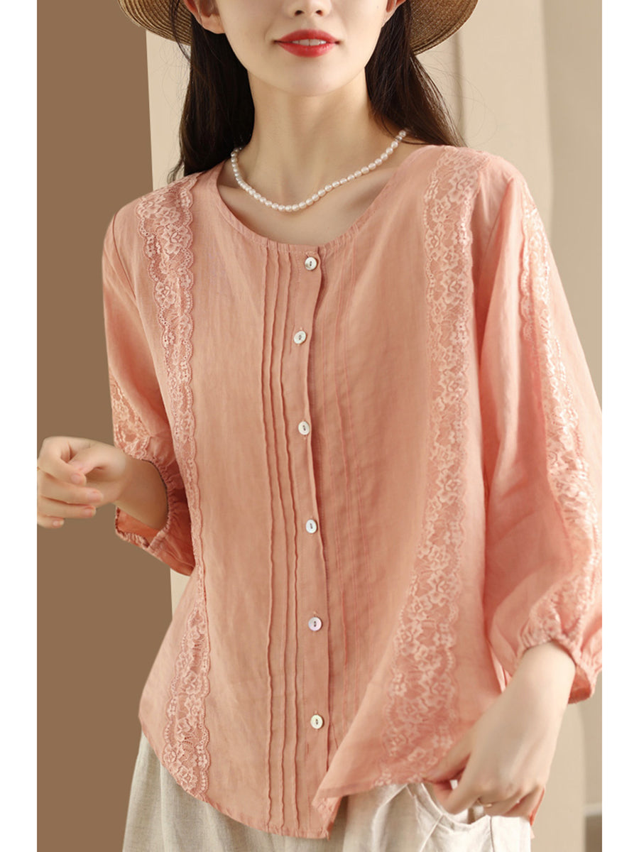 Chemise boutonnée d'été en ramie avec dentelle artistique pour femme II1020