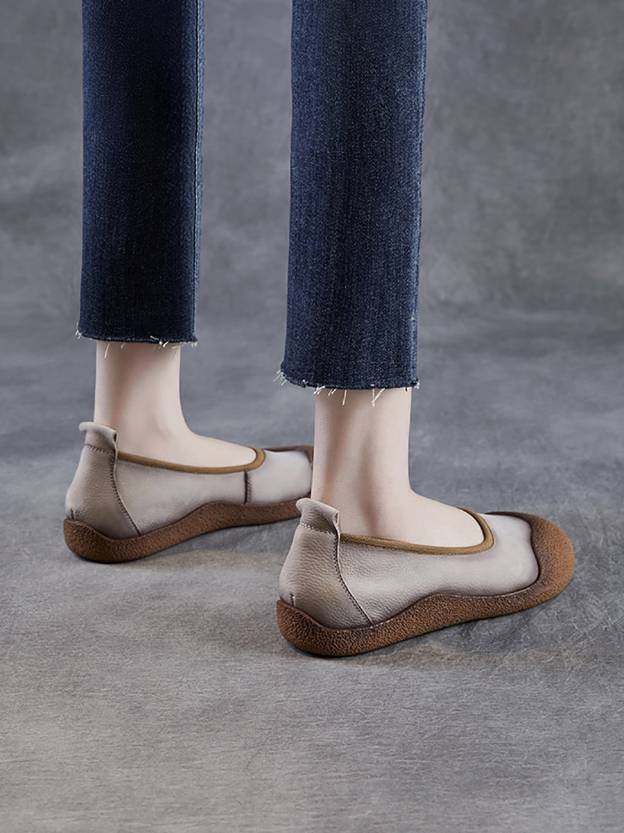 Summer Colorblock Leather Women Flat Genuine Shoes