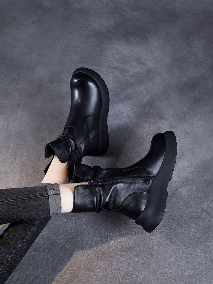 Women Winter Genuine Leather Spliced Low Heel Boots AX1045