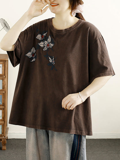 Women Summer Artsy Flower Embridery Cotton Shirt RR1012