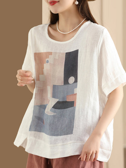 Women Casual  Summer Print O-Neck Linen Shirt WE1028