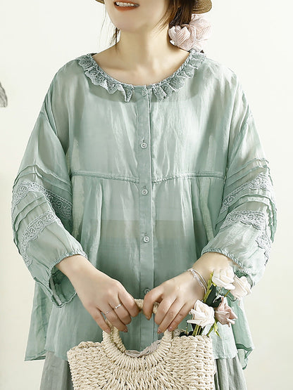 Women Artsy Solid Lacework Button-up Ramie Shirt HH043