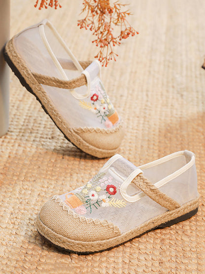 Women Summer Flower Embroidery Linen Spliced Shoes TY1030