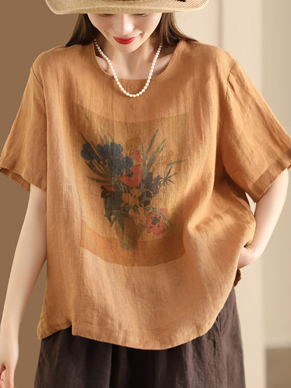 Women Summer Casual Flower Linen Pullover Shirt TY1022