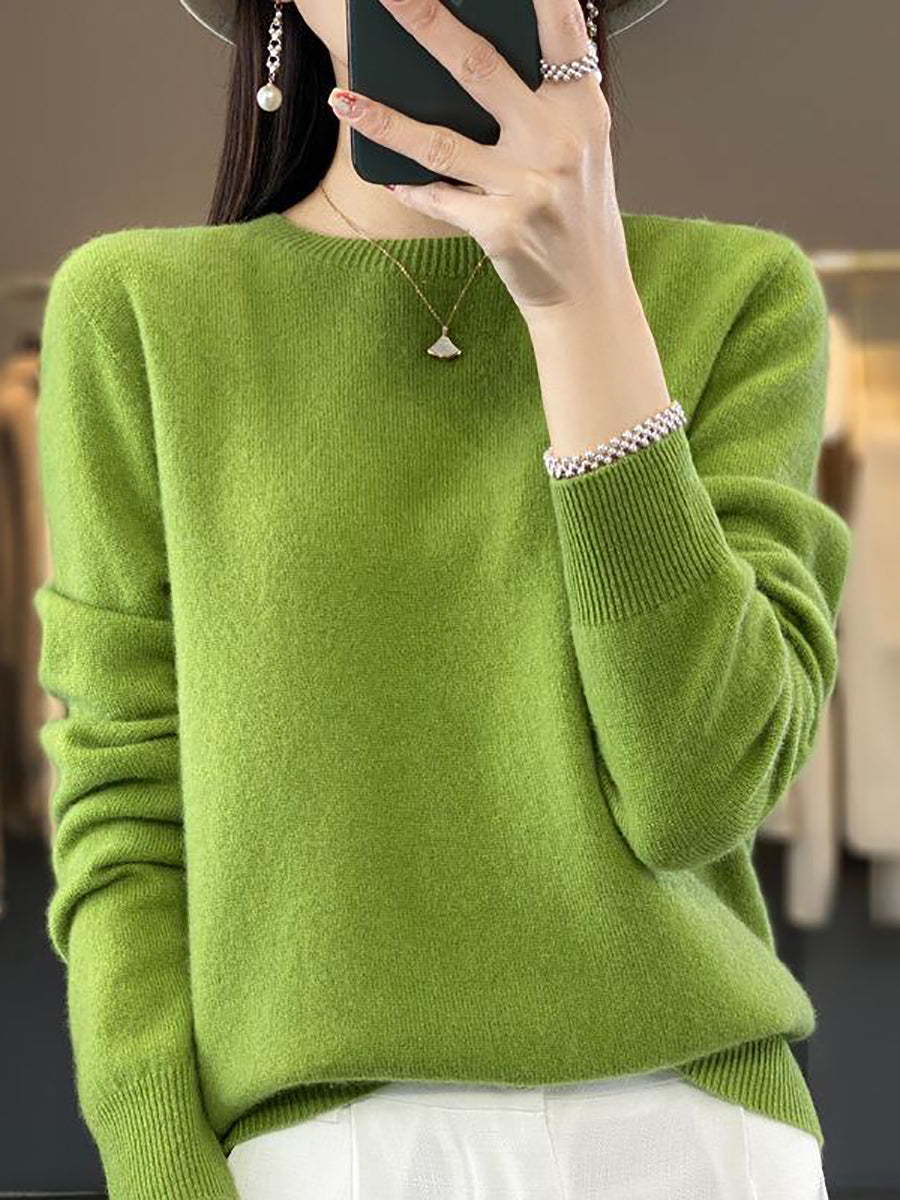 Women Autumn Solid Knit 100%Wool O-Neck Sweater WU023