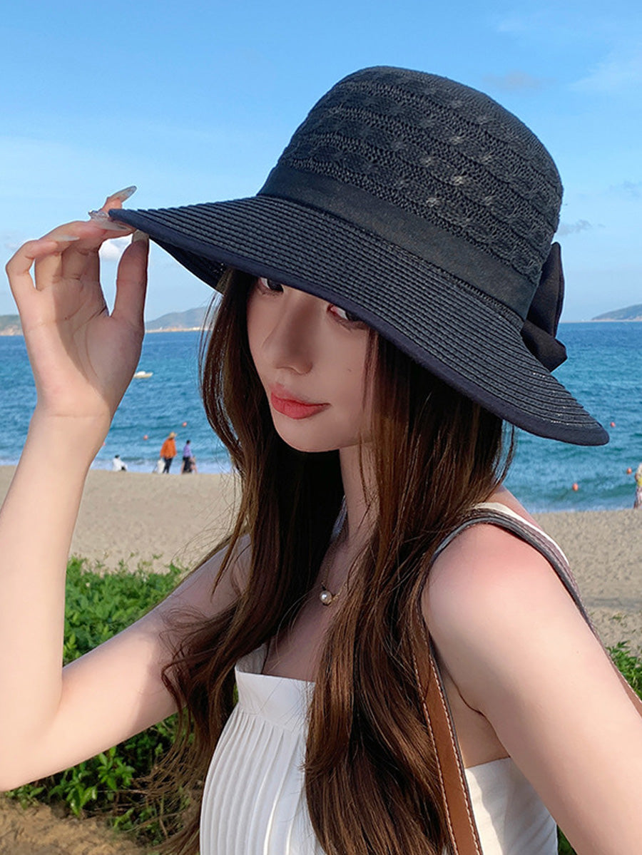 Women Summer Casual Straw Weave Bowknot Sunproof Hat CC038