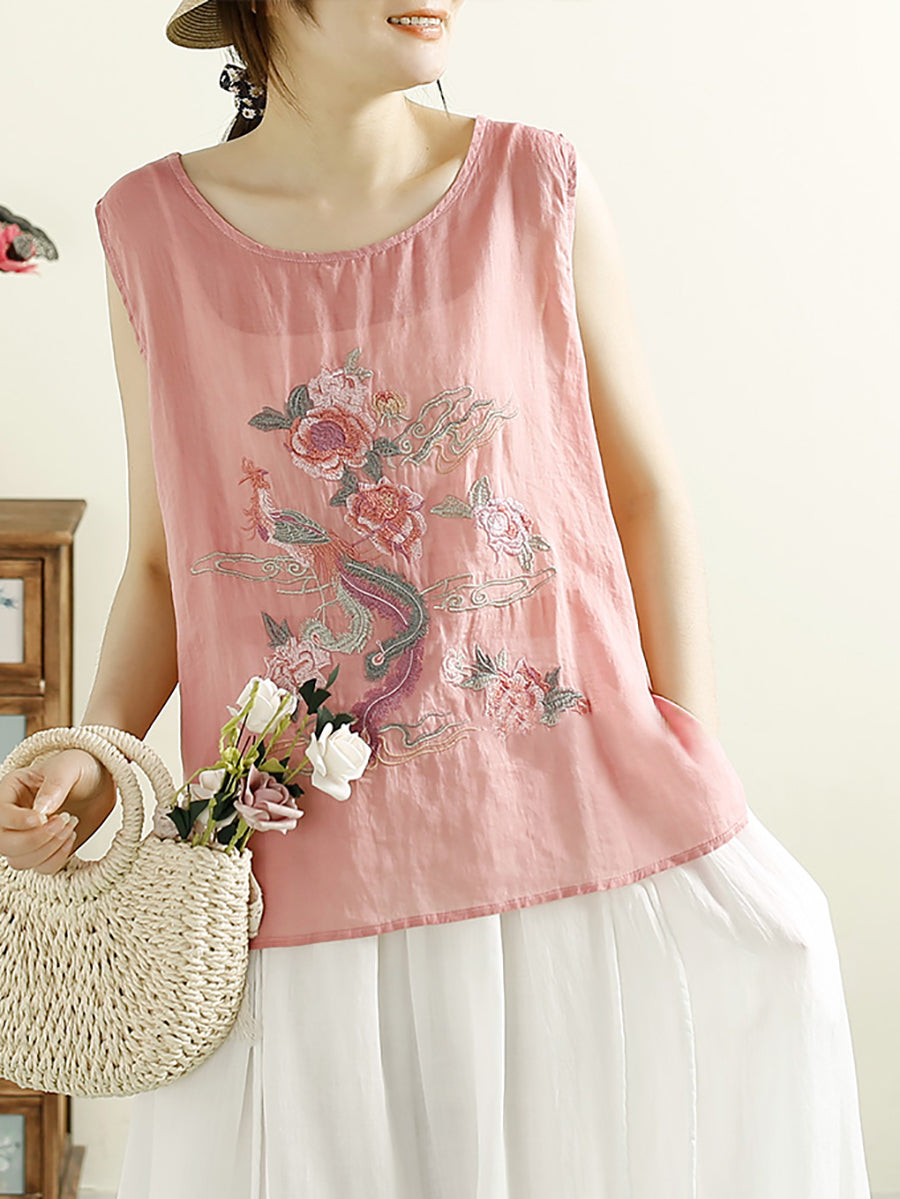 Women Vintage Flower Embroidery Ramie Summer Vest WE1022