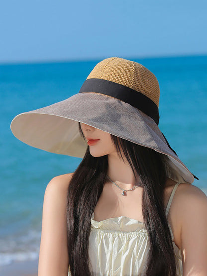 Women Summer Travel Large Brim Sunproof Spliced Hat QW1036