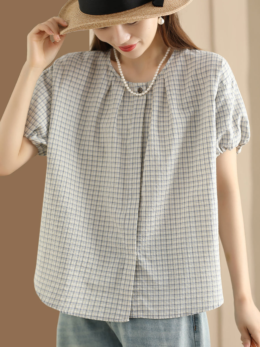 Women Summer Artsy Plaid Loose Cotton Shirt CV1007