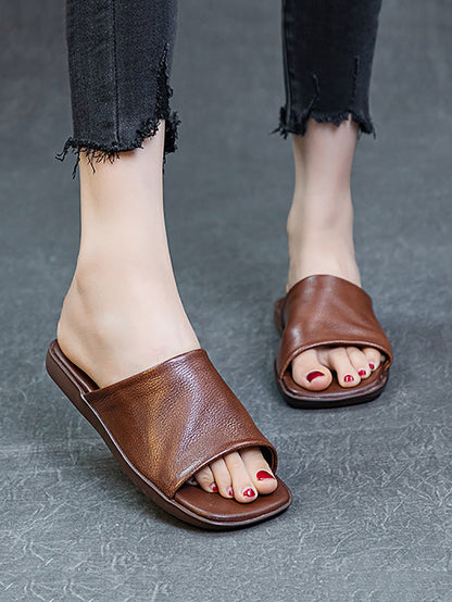 Women Summer Casual Solid Leather Flat Slippers FD052