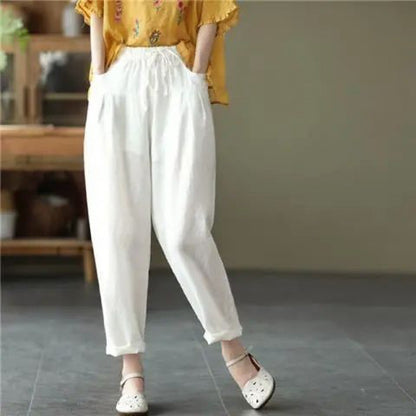 Casual Yellow Pockets Patchwork Elastic Waist Linen Pants Summer LY0584