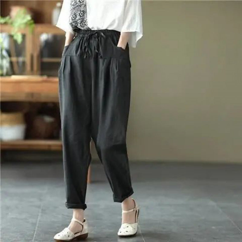 Casual Yellow Pockets Patchwork Elastic Waist Linen Pants Summer LY0584