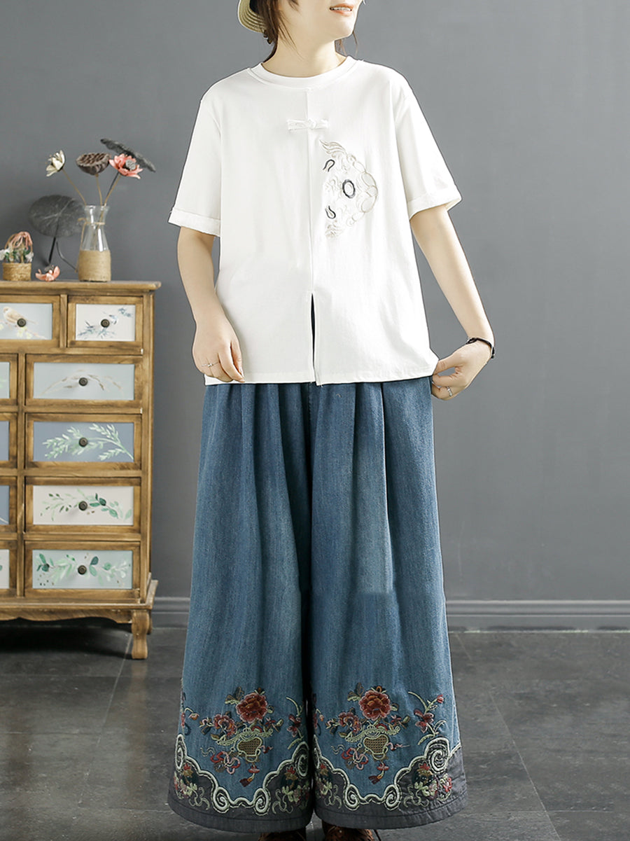 Women Summer Ethnic Embroidery Denim Wide-leg Pants SC1045