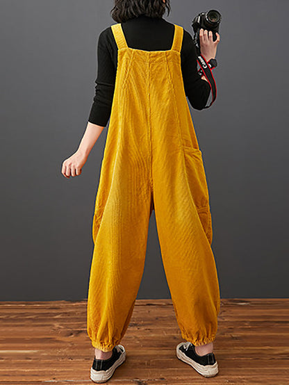 Women Commute Autumn Solid Corduroy Loose Jumpsuits AK1022