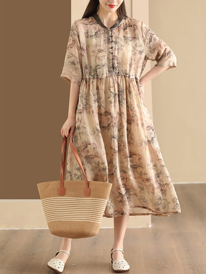 Women Summer Flower Stand Collar Ramie Dress OO1046