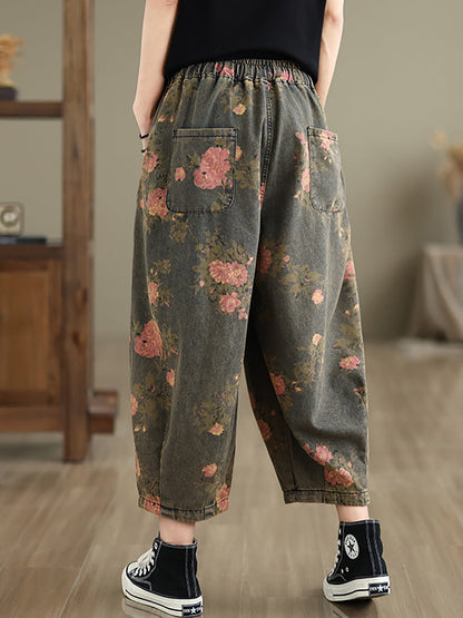 Women Summer Retro Flower  Denim Loose Pants II1003