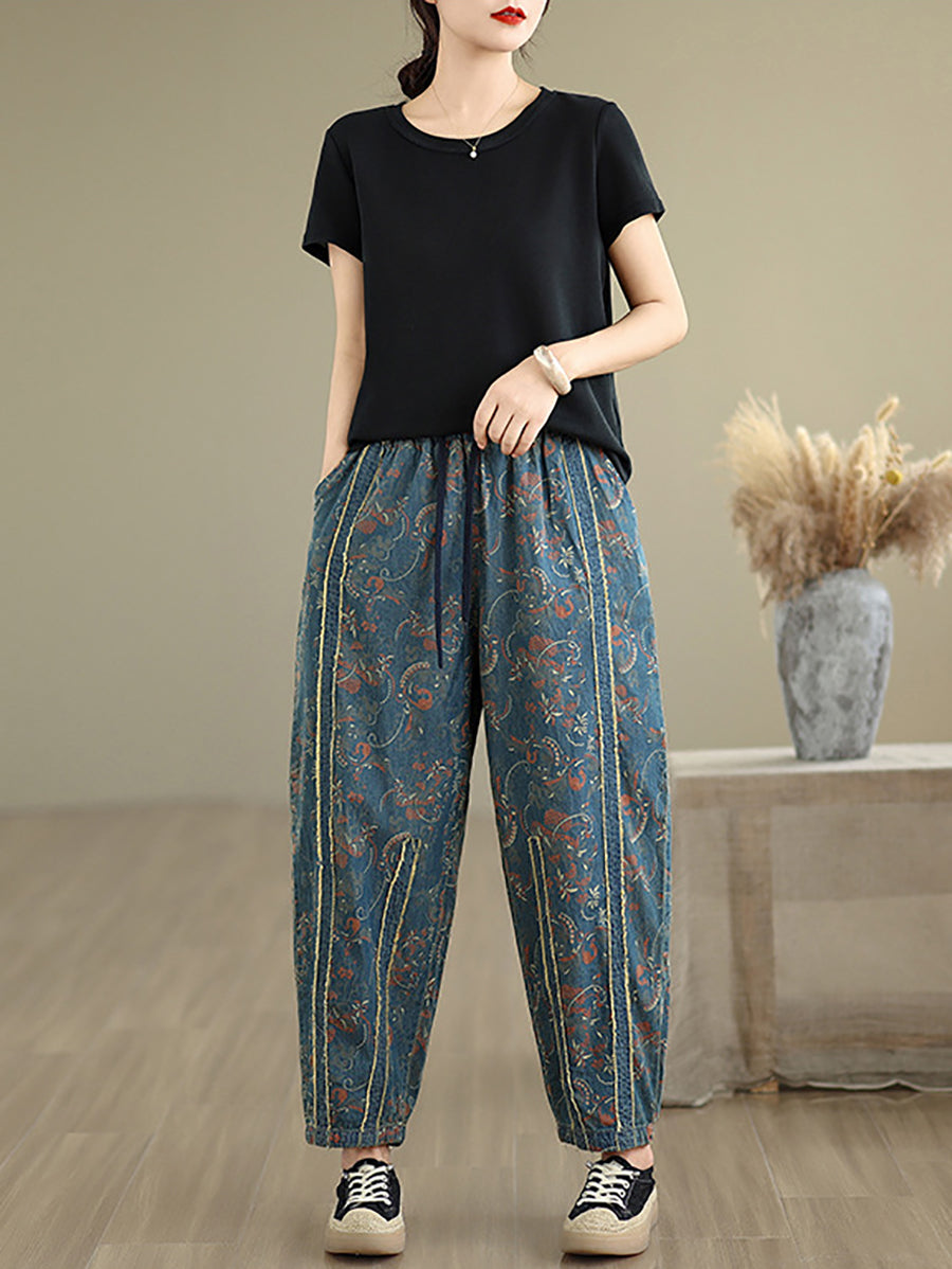 Denim Patchwork Hosen Harem Frauen Retro Blume 