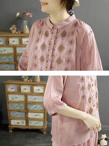 Women Ethnic Rhomboids Embroidery Ramie Button Up Blouse KL1031