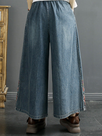 Women Vintage Summer Embroidery Wide-leg Denim Pants KL1007