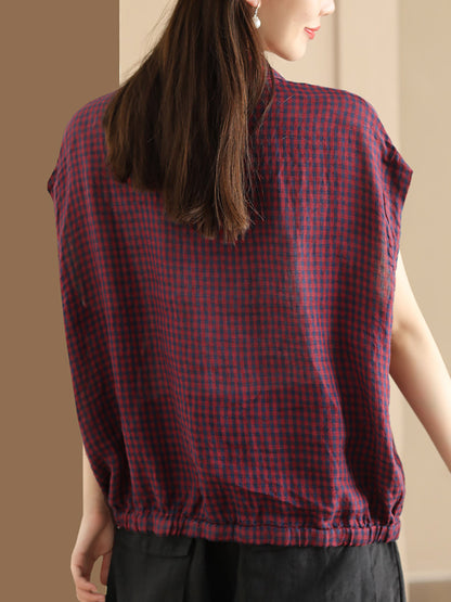 Women Summer Casual Plaid Button-up Linen Shirt HH013