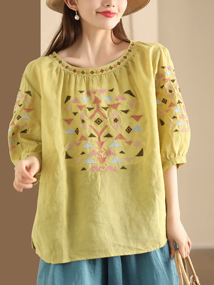 Women Summer Vintage Embroidery O-Neck Ramie Shirt OP1042