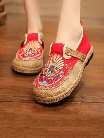 Women Summer Ethnic Embroidery Cloth Linen Flat Shoes AH1011