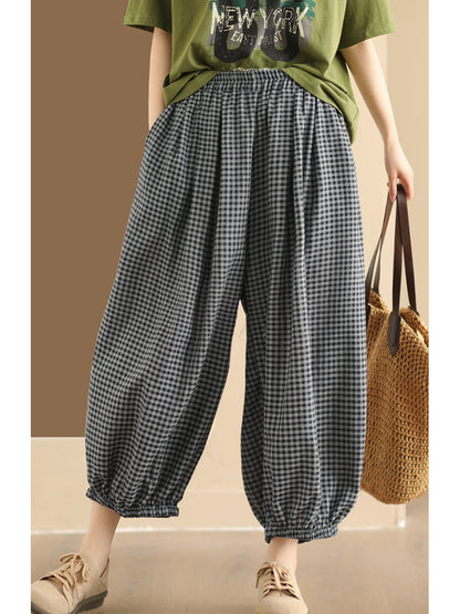 Women Summer Vintage Plaid Cotton Harem Pants ZZ1046