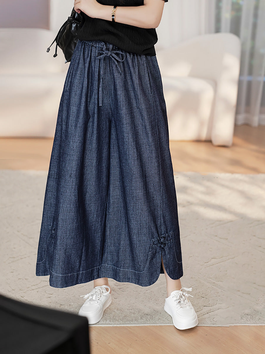 Women Summer Vintage Buckle Wide-leg Denim Pants CX031