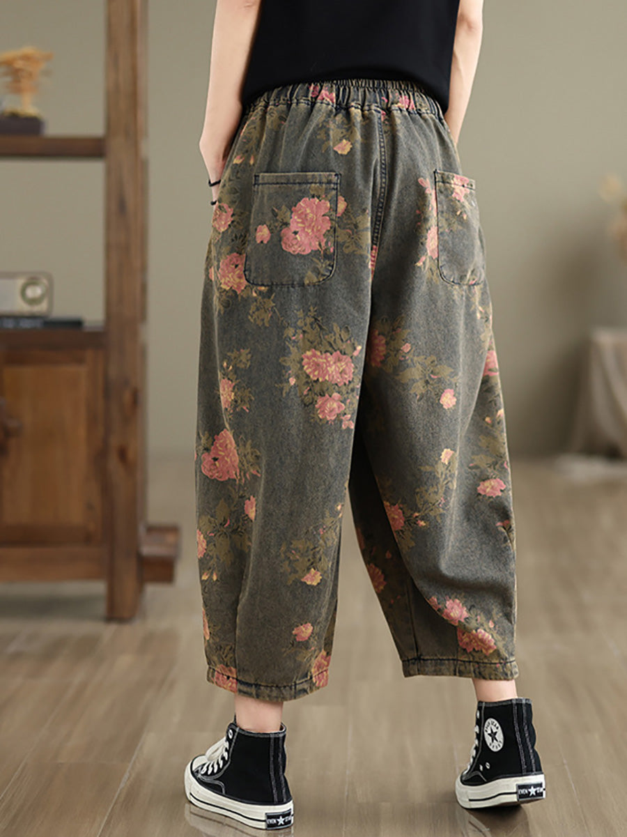 Pantalon sarouel en denim à fleurs vintage pour femme LL034