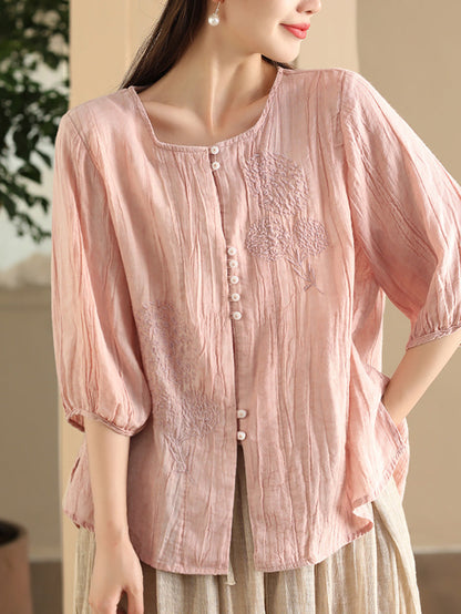 Women Summer Vintage Embroidery Solid Button Ramie Shirt FD012