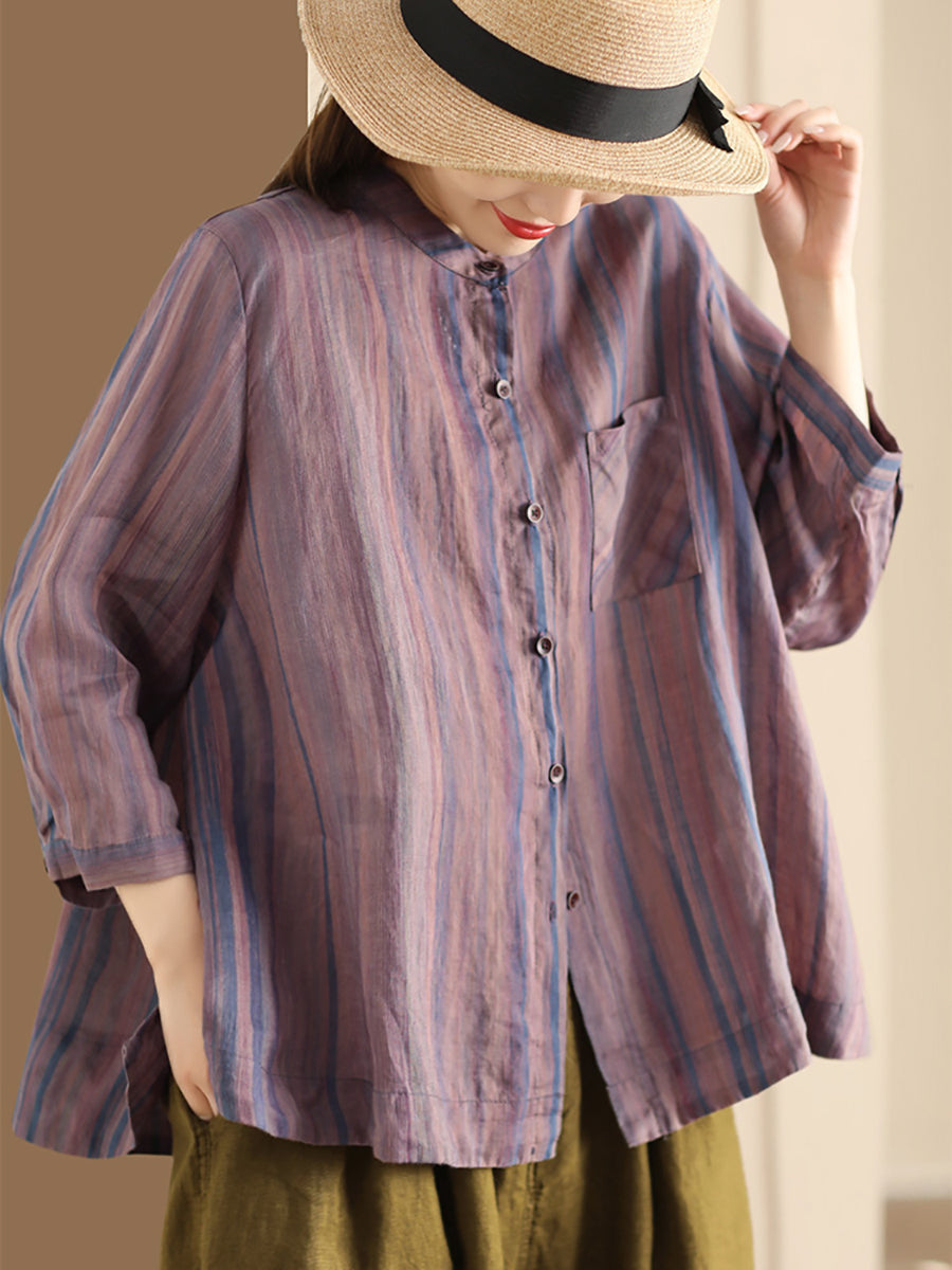 Women Spring Vintage Stripe Button-Up Blouse CO1007