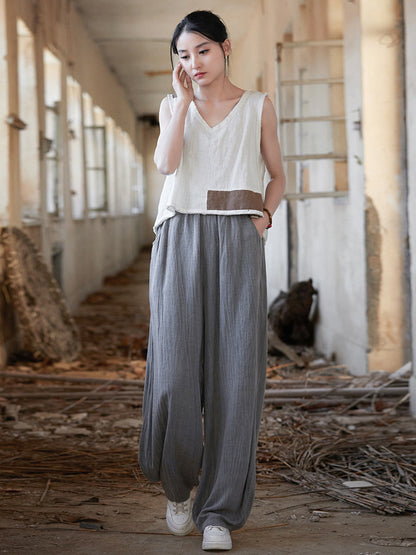 Women Summer Vintage Tie-dye Straight-leg Linen Pants CV1013