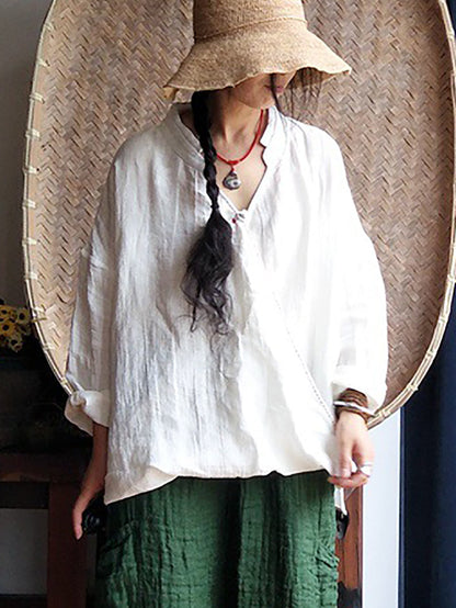 Women Vintage Summer Stitching Linen Shirt QW1034