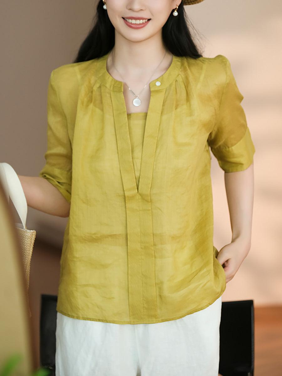 Women Summer Artsy Solid V-Neck Ramie Shirt CC051