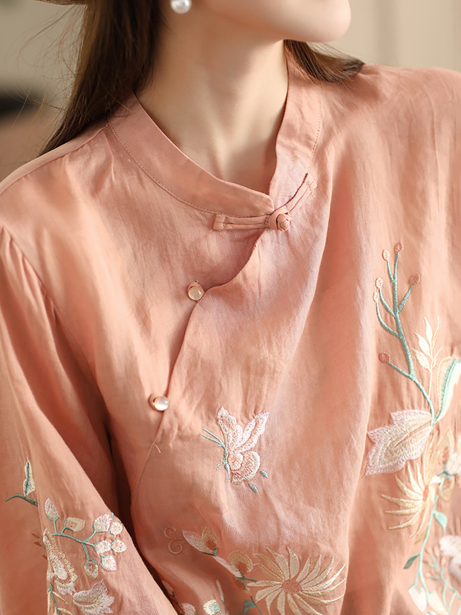 Women Vintage Floral Embroidery Ramie Stand Collar Shirt WE1038