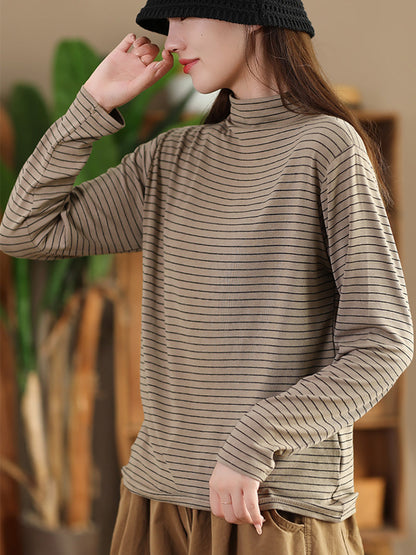 Women Autumn Casual Stripe Half Turtleneck Blouse AI1064