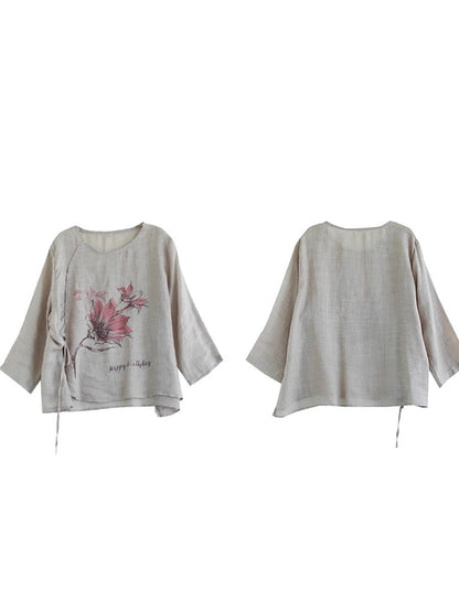 Women Spring Flower Vintage Strap Ramie Blouse PA1032