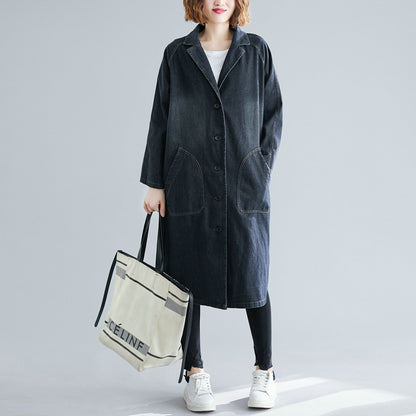 Blue Denim Trench Coats Oversized Pockets Fall LY8696