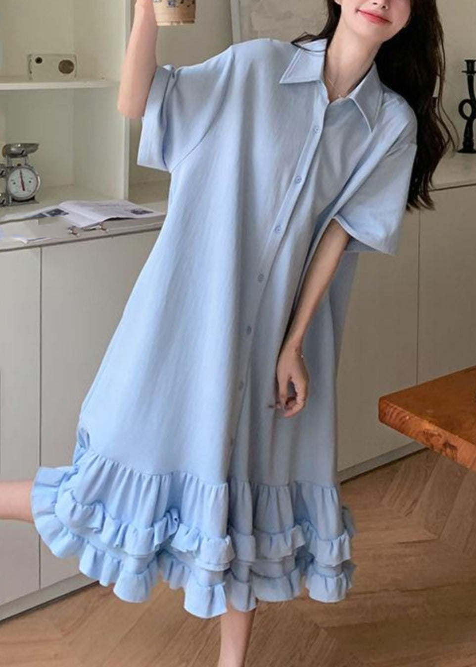 Collar Short Patchwork Dress Peter Maxi Ruffled Blue Women Pan