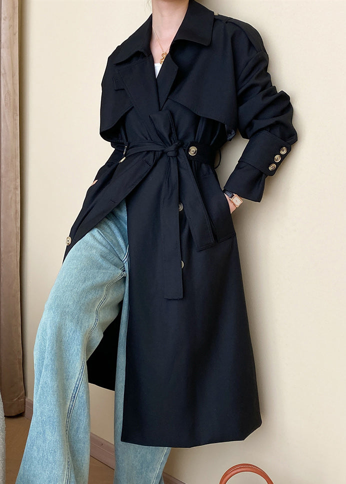 Black Button Cotton Long Trench Coat Peter Pan Collar Fall AF1034