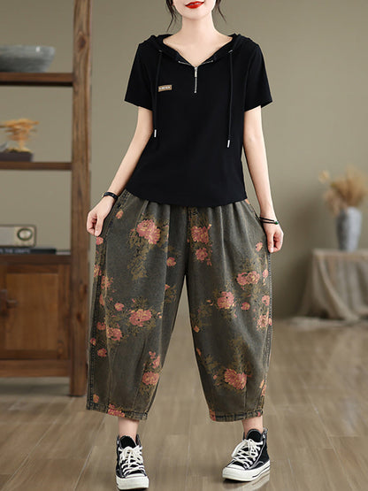 Women Summer Retro Flower  Denim Loose Pants II1003