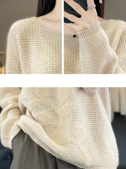 Women Autumn O-Neck Spliced Wool Warm Knit Sweater AV1053