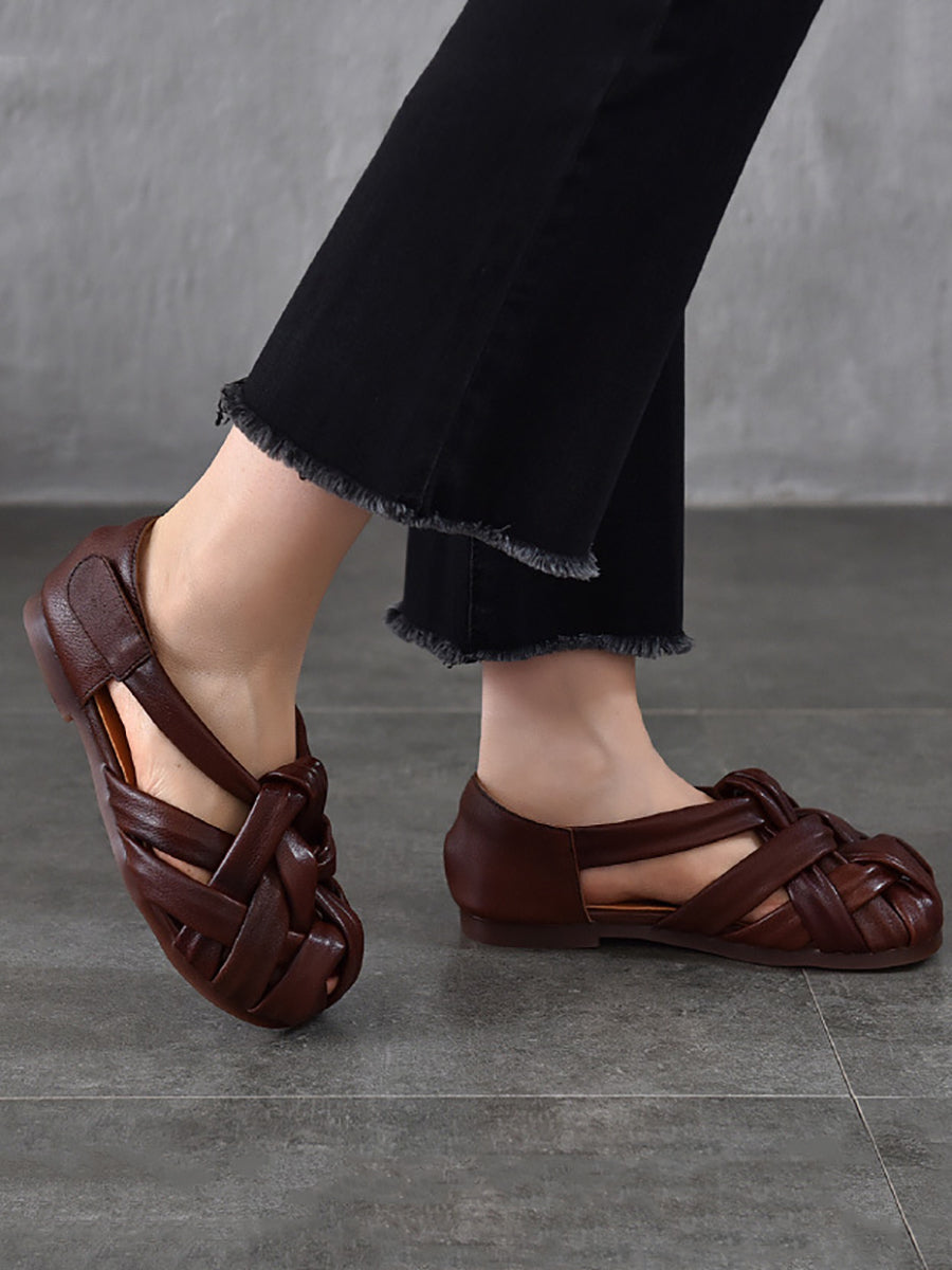 Sommer Leder Flache Retro Frauen Weben Echte Schuhe