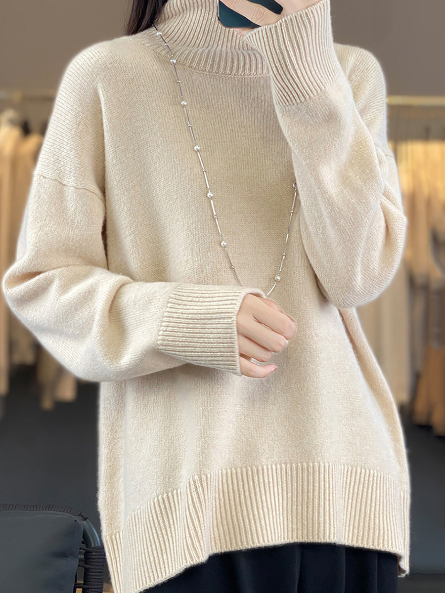 Women Autumn Casual Turtleneck Solid 100%Wool Sweater QU012