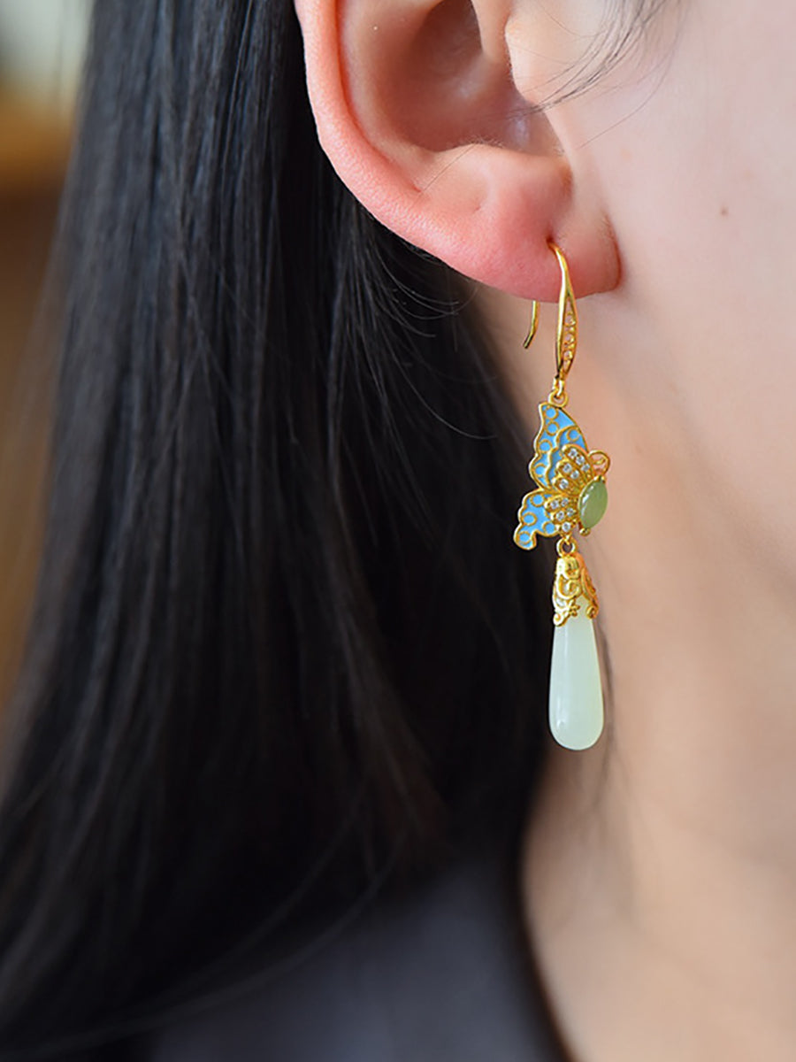 Butterfly Ethnic Enamel Earrings Women Jade S925Silver