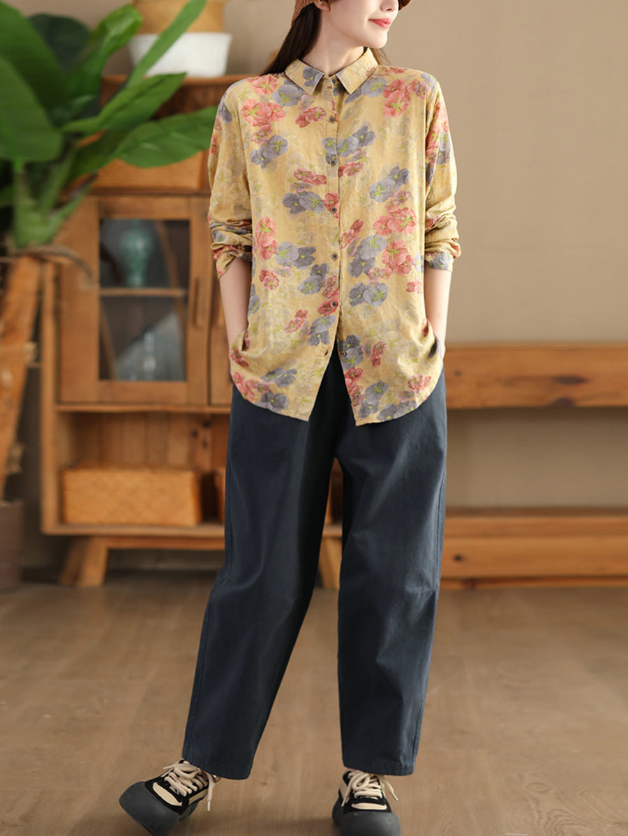 Women Autumn Vintage Flower Button-up Shirt AI1040