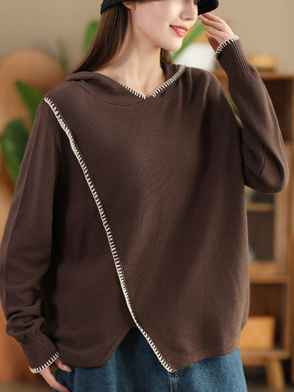 Women Autumn Casual Split Hem Knit Hooded Blouse AI1066