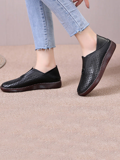 Women Summer Solid Casual Leather Cutout Flat Shoes HH048