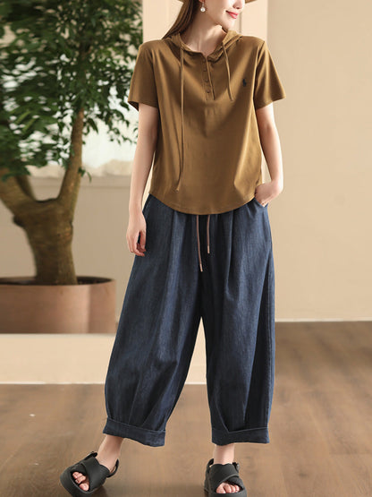 Women Summer Casual Solid Denim Loose Harem Pants FD003